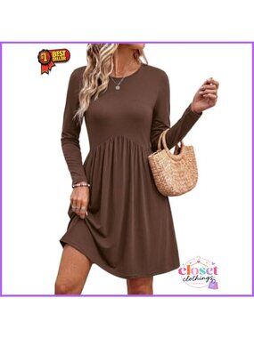 Empire Waist Maternity Dress Long Sleeve A-Line Flowy Mini with Pockets